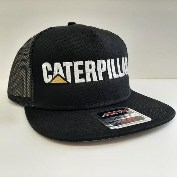 CAT Caterpillar Embroidered Flat Bill Mesh Snapback Cap Hat Black - Picture 3 of 4